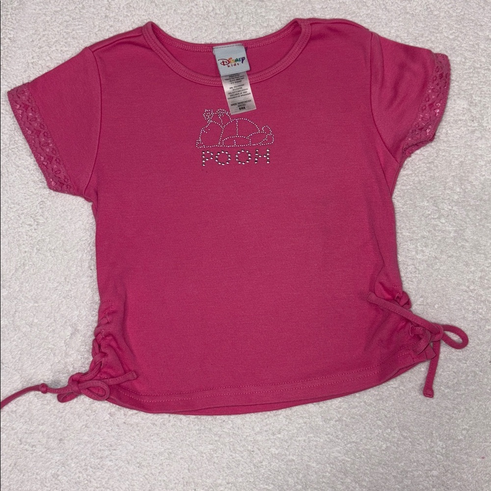 Y2K Disney kids Fuchsia Pooh Tee ruched tie sides lace trim sleeved 6/6x